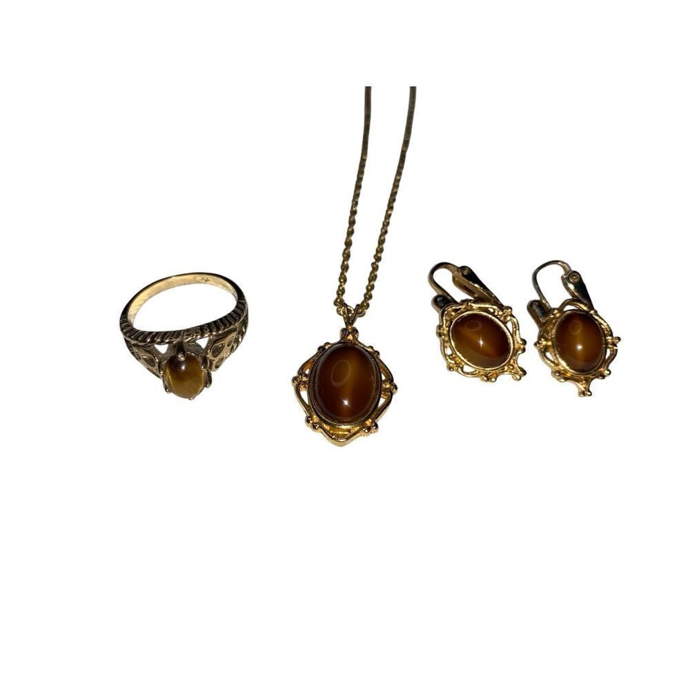 Vintage 8kt HGE Stamped Gold Cat Eye Ring Necklace Earrings Set Brown Cabochon